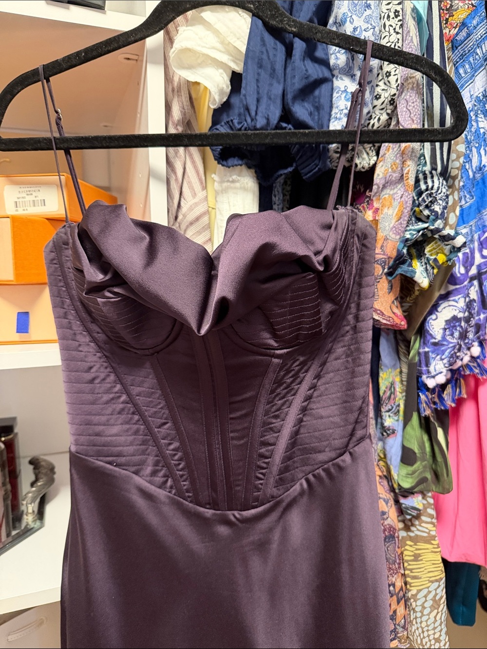 House of CB Plum Strap Cowl Satin Corset Dress